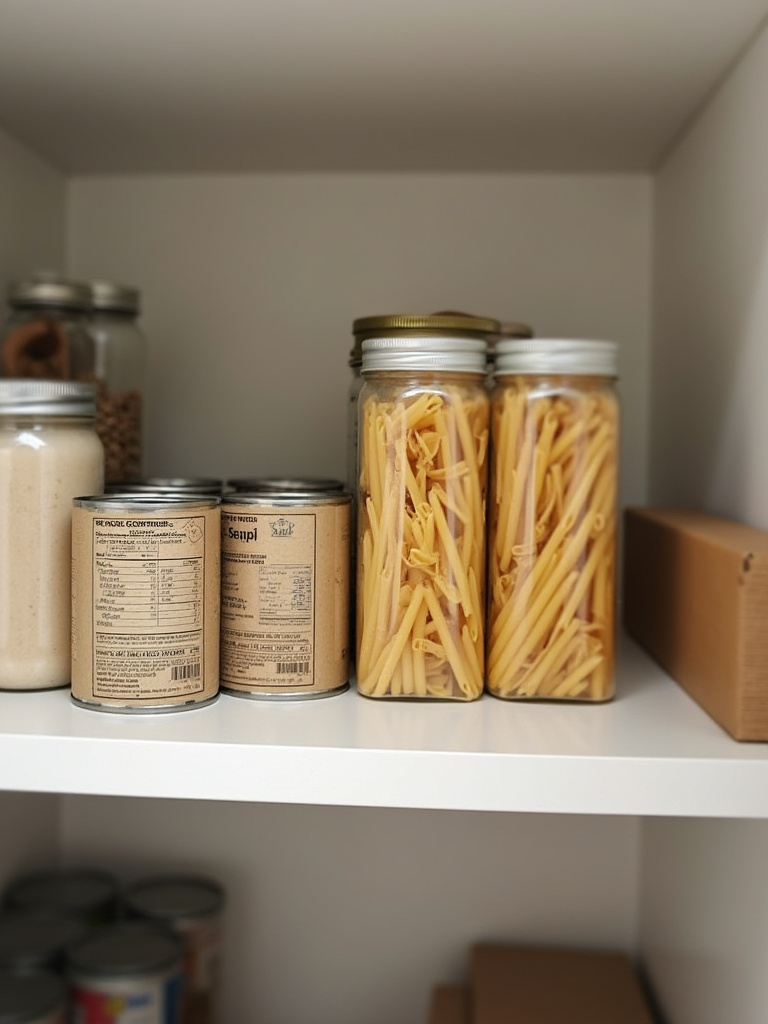 A kitchen pantry shelf illustrating expired and duplicate food items next to a newly cleared, empty space after decluttering.