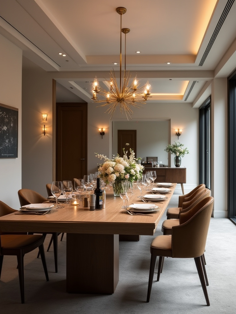 A beautifully reconfigured dining room with an expanded table set for a seasonal event, showcasing flexible dining layouts and elegant decor.