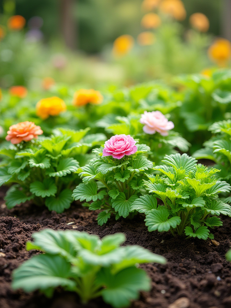 Vibrant backyard garden thriving with diverse, healthy plants adapted to local climate and soil conditions, illustrating successful plant selection research.