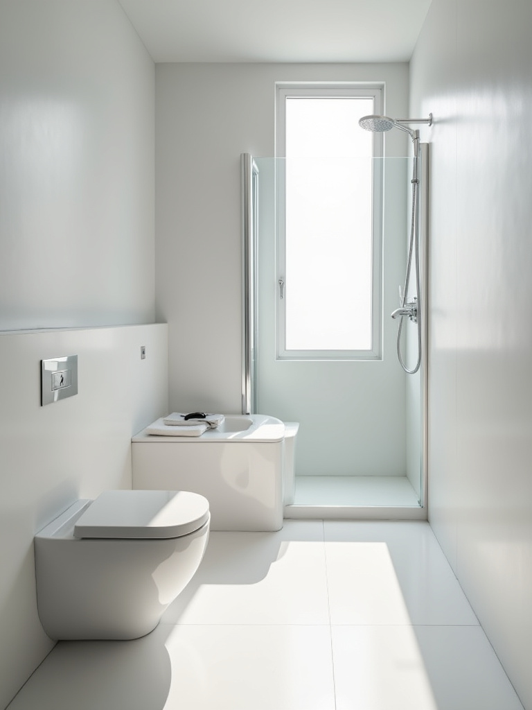 Modern small bathroom layout with wall-mounted fixtures, floating vanity, and curbless shower optimizing space.