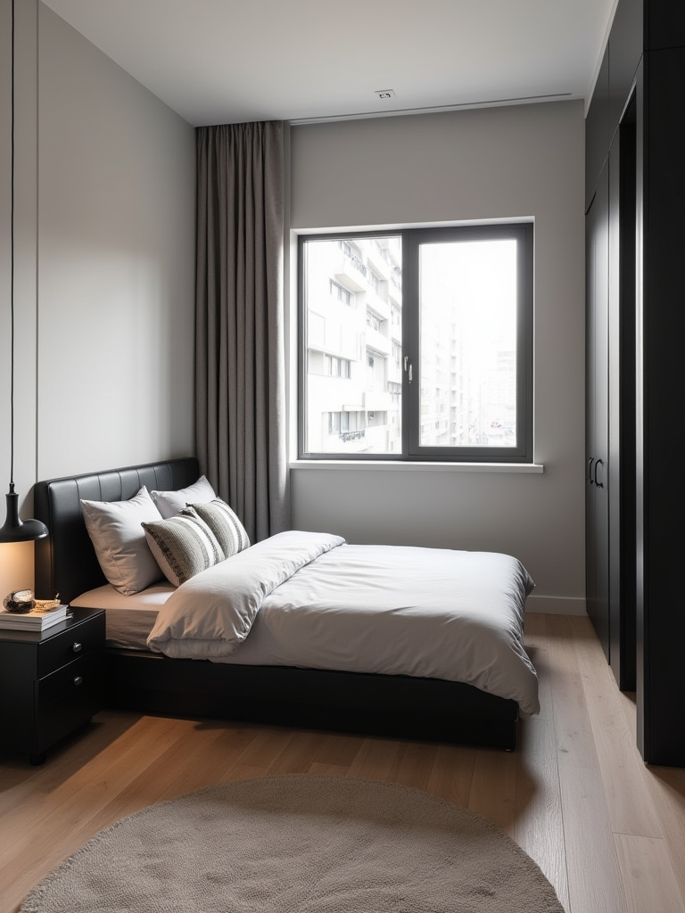 Compact urban bedroom with low-profile black platform bed, floating black nightstand, and tall black dresser, demonstrating balanced black furniture scale and proportion for a spacious feel.