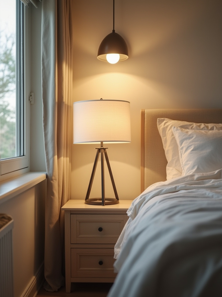 Portrait-style bedroom scene with updated lighting using affordable shades and LED bulbs