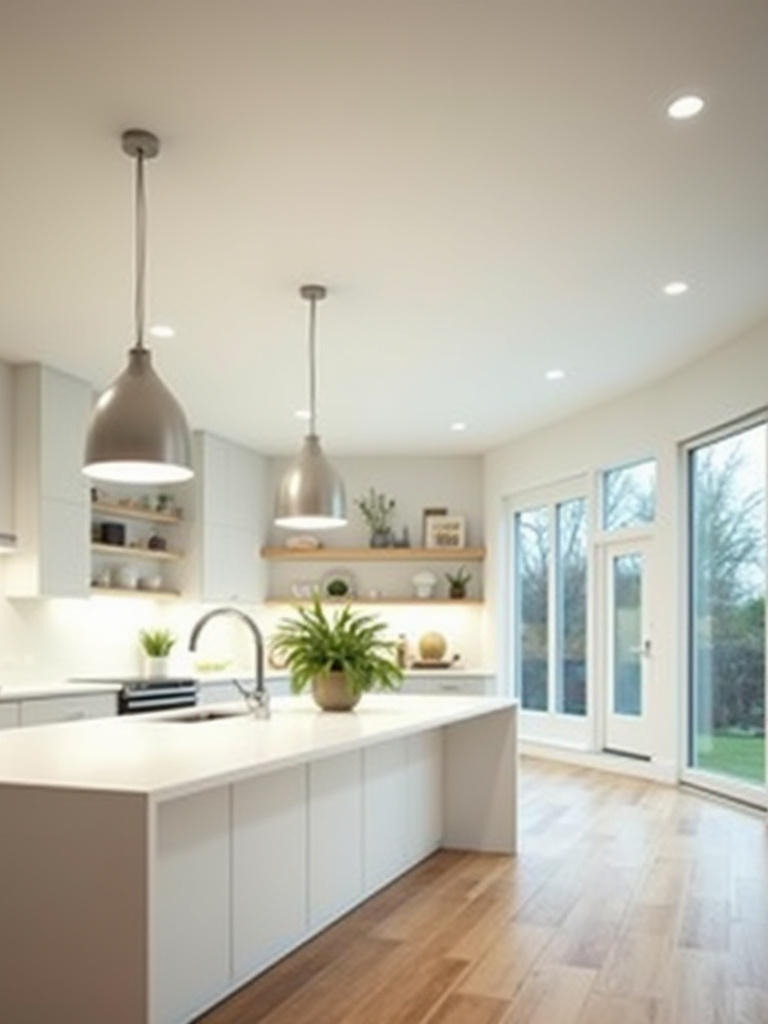 Portrait of a modern, uncluttered kitchen with upgraded lighting and no people