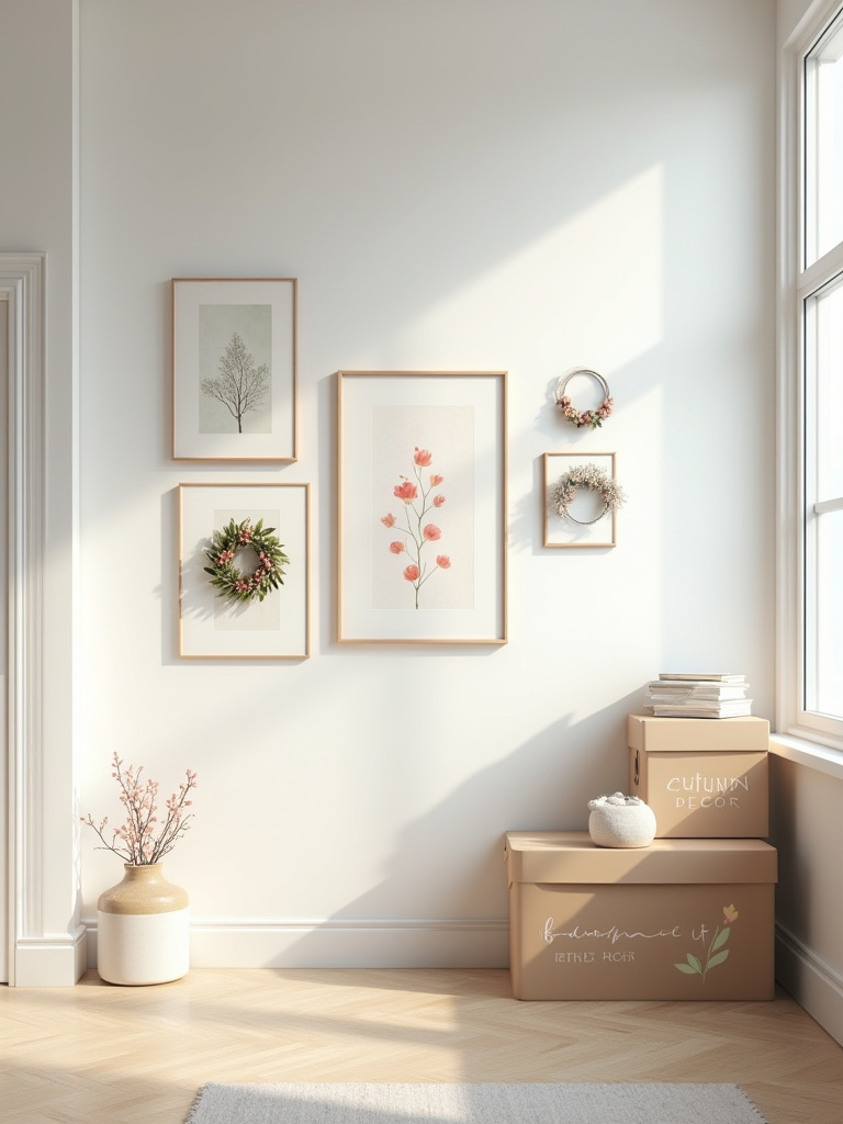 A living room wall with vibrant Spring-themed wall decor, botanical prints, and soft pastel art. Nearby, labeled storage boxes hint at seasonal decor rotation for autumn and winter, showcasing an organized approach to refreshing wall displays.