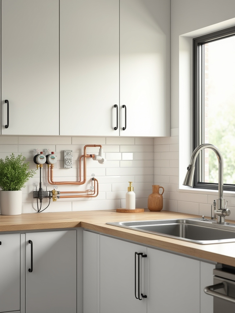 Portrait view of a modern kitchen highlighting updated plumbing and electrical systems