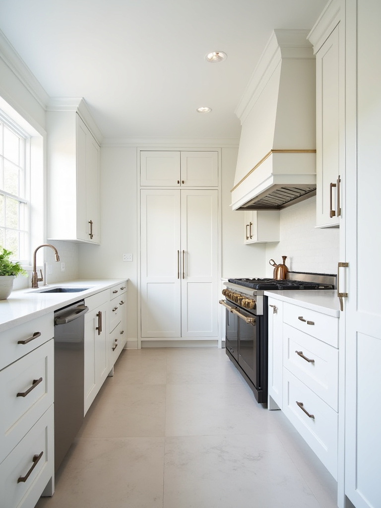 Portrait of a dream white kitchen with seamless panel-ready appliances and a bold matte-black range as a focal point