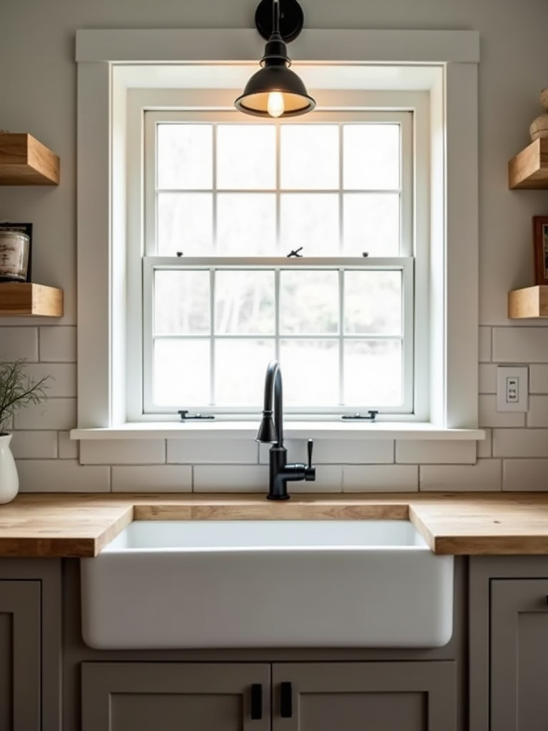 Matte black gooseneck barn sconce providing task lighting above a farmhouse kitchen sink, surrounded by subway tile and rustic decor.