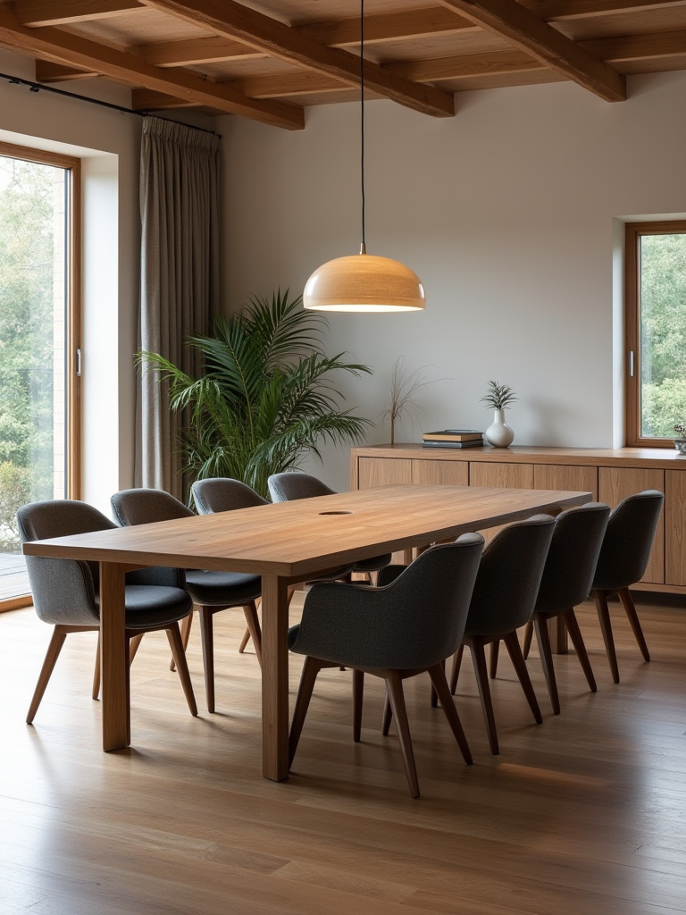 Modern dining room with eight comfortable grey upholstered dining chairs around a wooden table, emphasizing ergonomic design and inviting comfort.