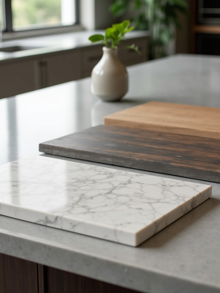 Elegant kitchen island showcasing large samples of white marble, grey quartz, and dark wood butcher block countertops under natural light, symbolizing aesthetic and practical material selection.