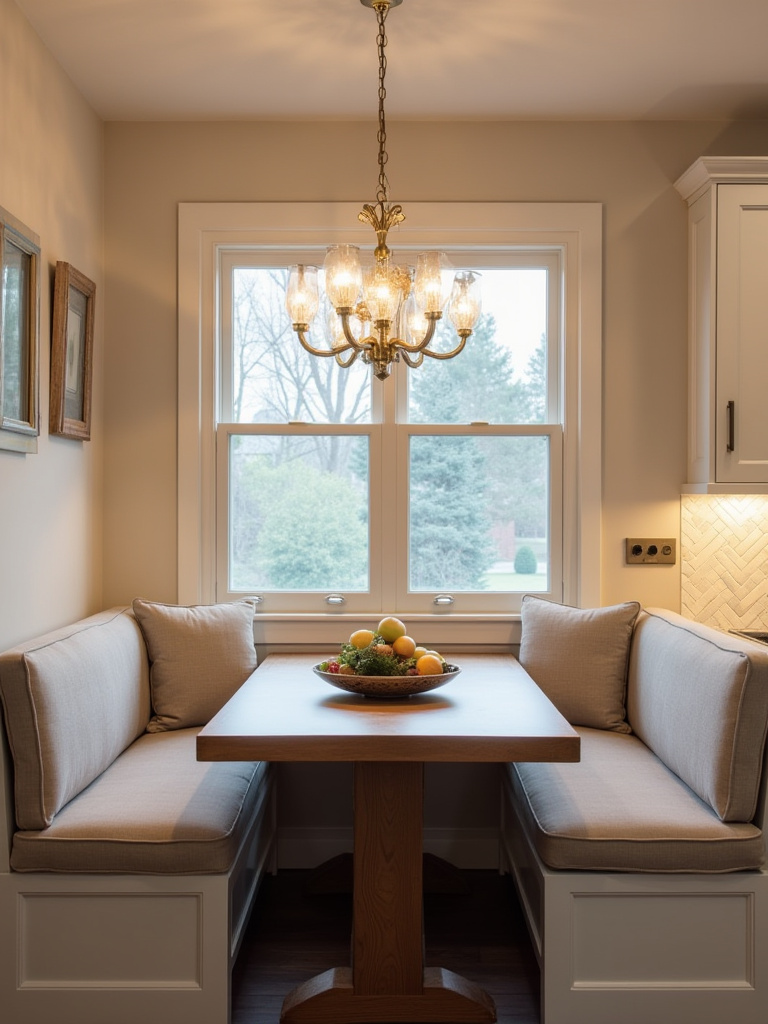 Portrait view of a dining nook with chandelier above the table