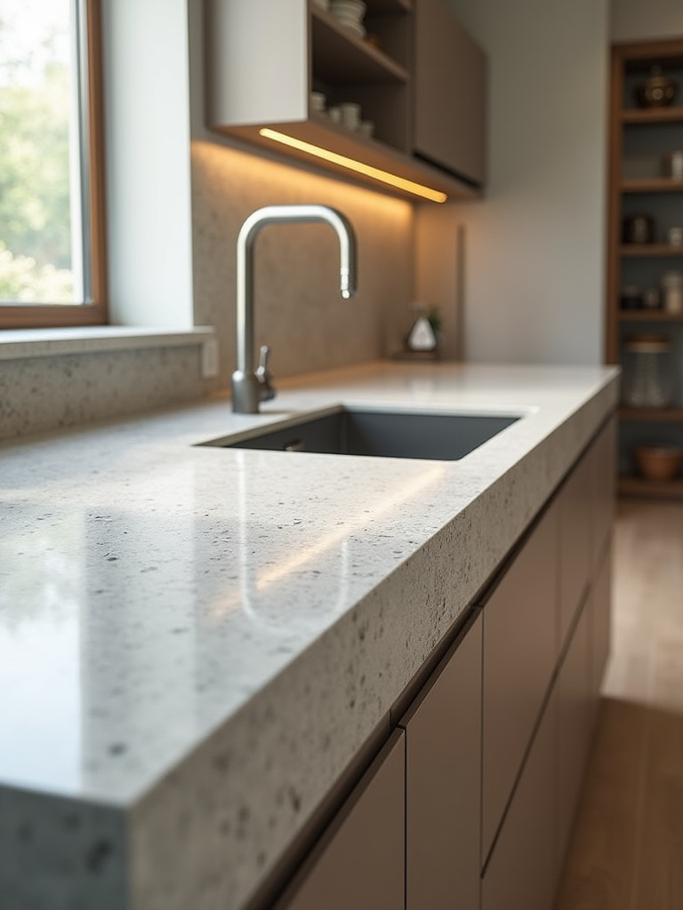 Vertical shot of a modern kitchen island showcasing durable countertop materials in neutral tones.