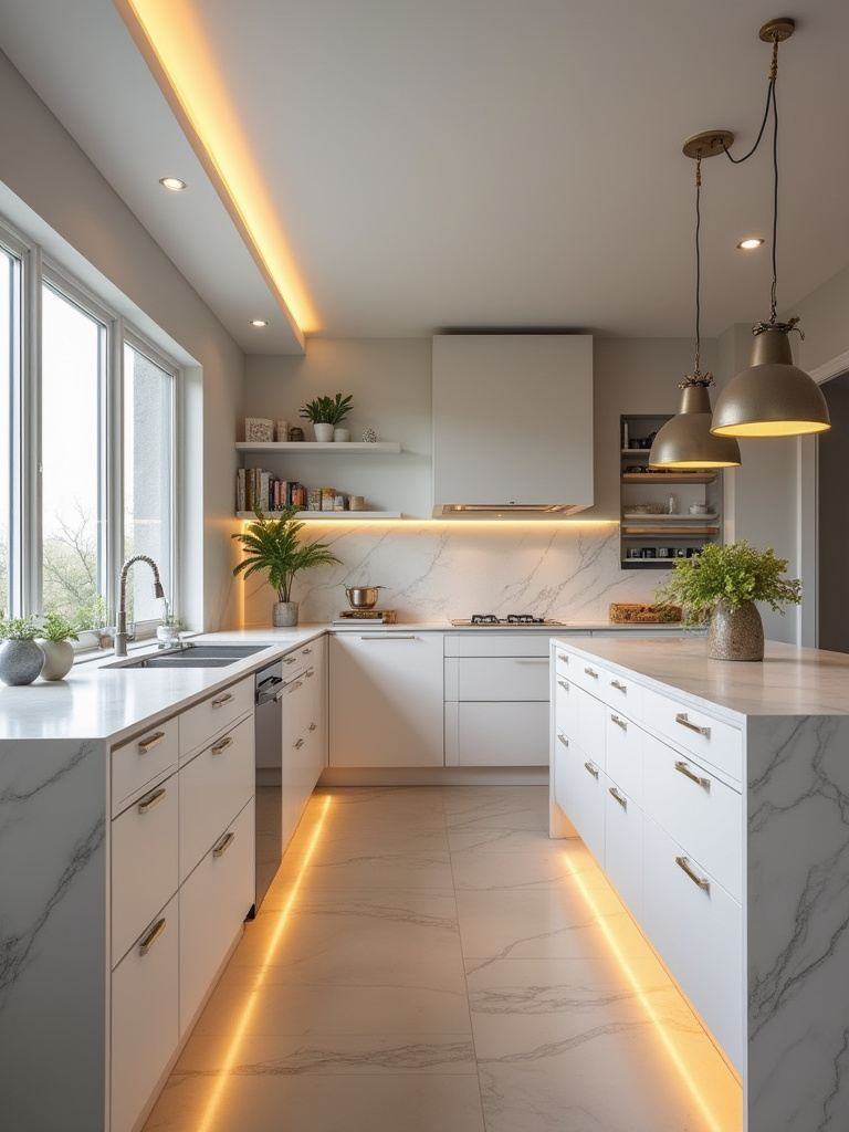 Portrait of a modern kitchen showcasing layered LED lighting for efficiency