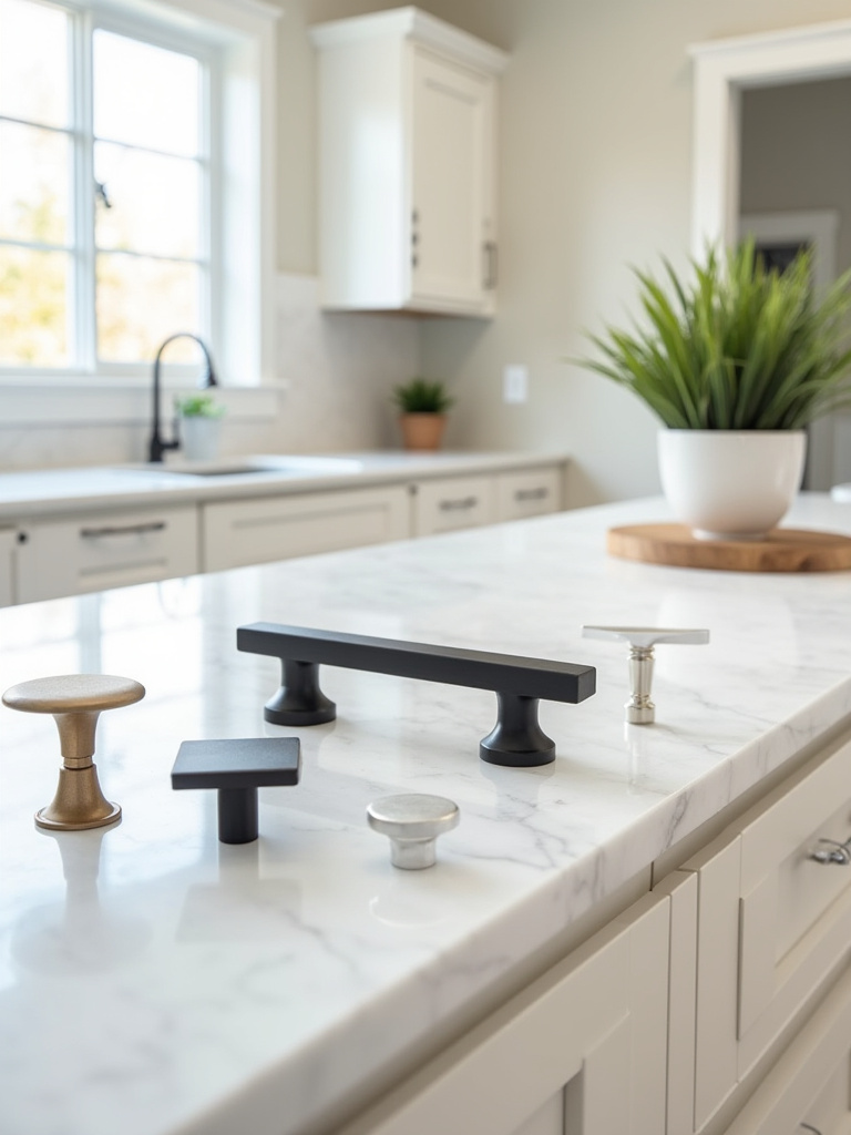 Modern kitchen with various cabinet hardware samples including matte black bar pulls, brushed brass knobs, and polished chrome handles displayed on a white marble countertop, against light cabinets.