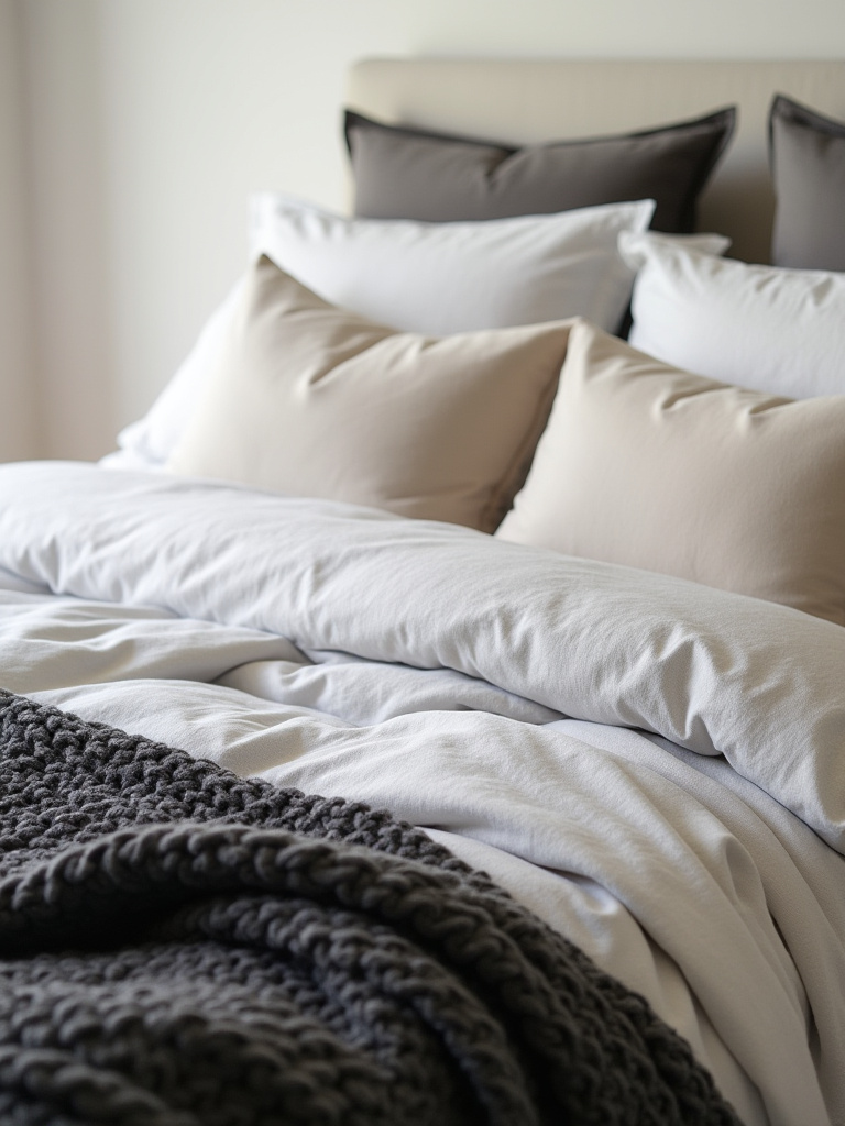 Bedroom textiles featuring layered white linen duvet, grey knit throw, and cream velvet pillows for comfort and aesthetic appeal.