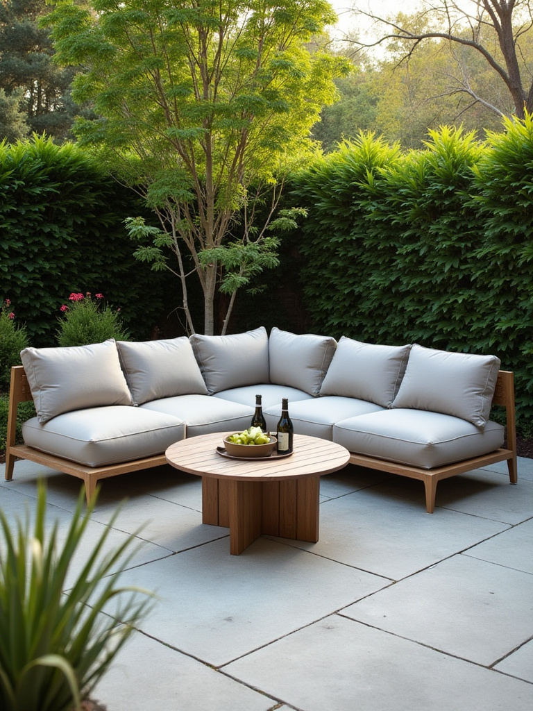 Stylish and durable outdoor sectional sofa and coffee table on a modern patio surrounded by lush greenery in an inviting backyard setting.