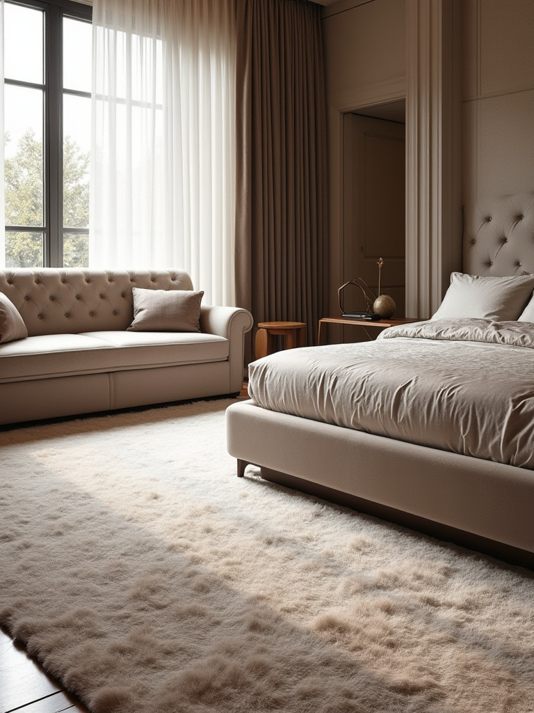 Luxurious bedroom with a plush area rug anchoring the bed and seating zone