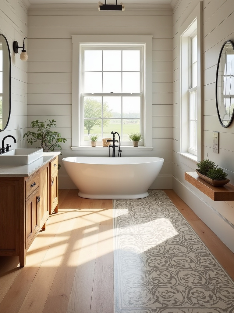 Farmhouse bathroom flooring showcasing wide plank hardwood and patterned cement tiles