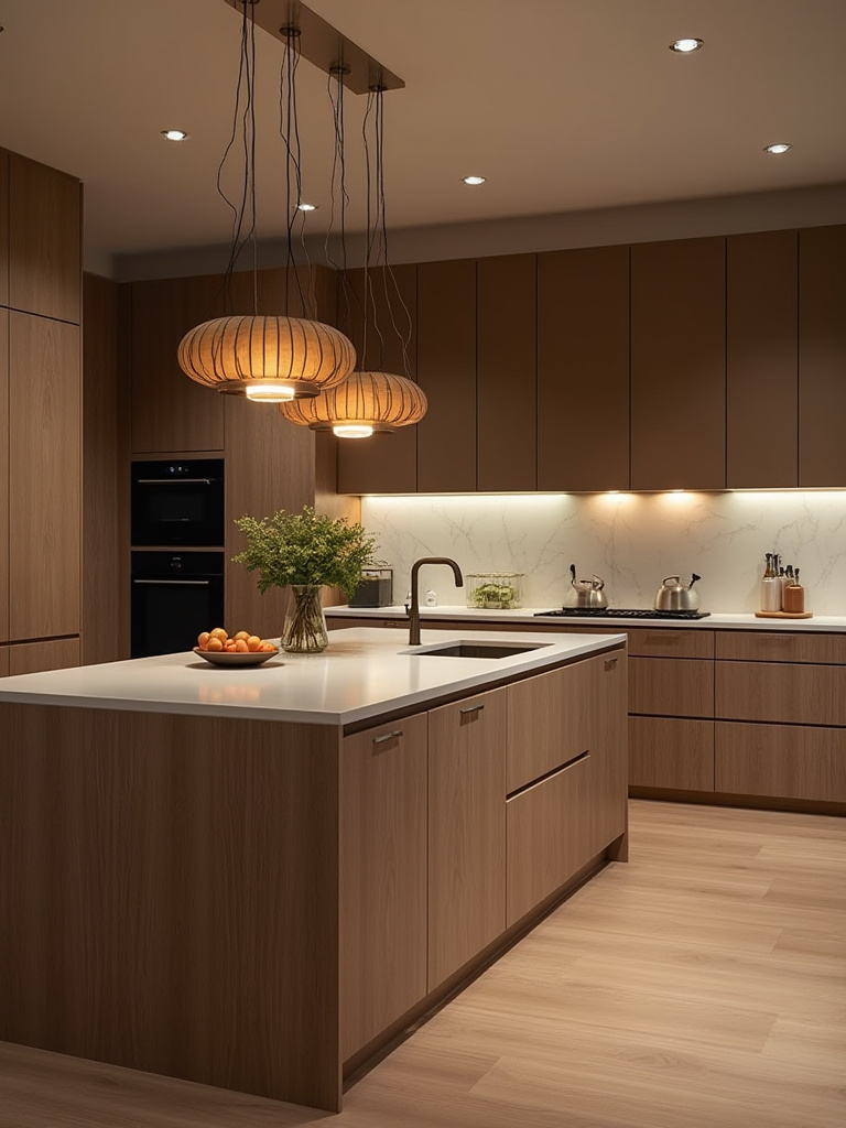 Portrait of a modern kitchen with a bold lighting fixture over a large island