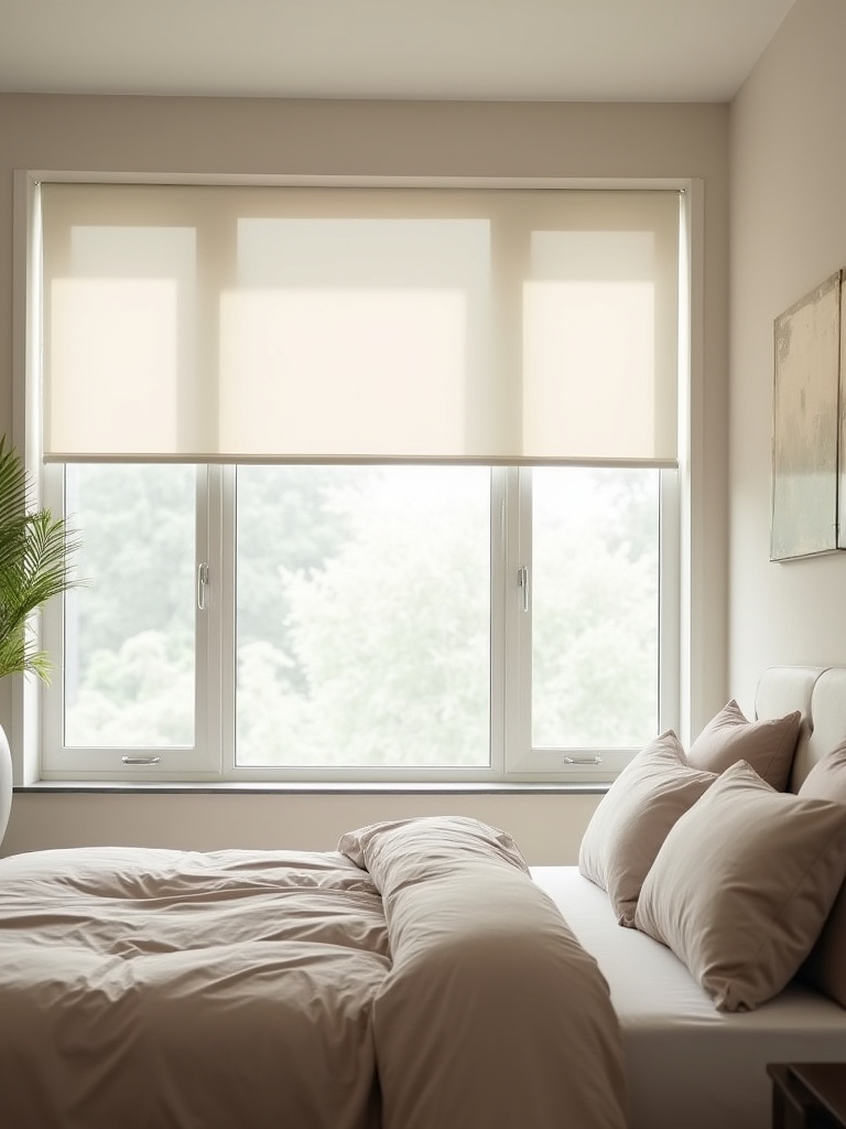 Portrait of a modern bedroom with minimalist window treatments prioritizing privacy and light control