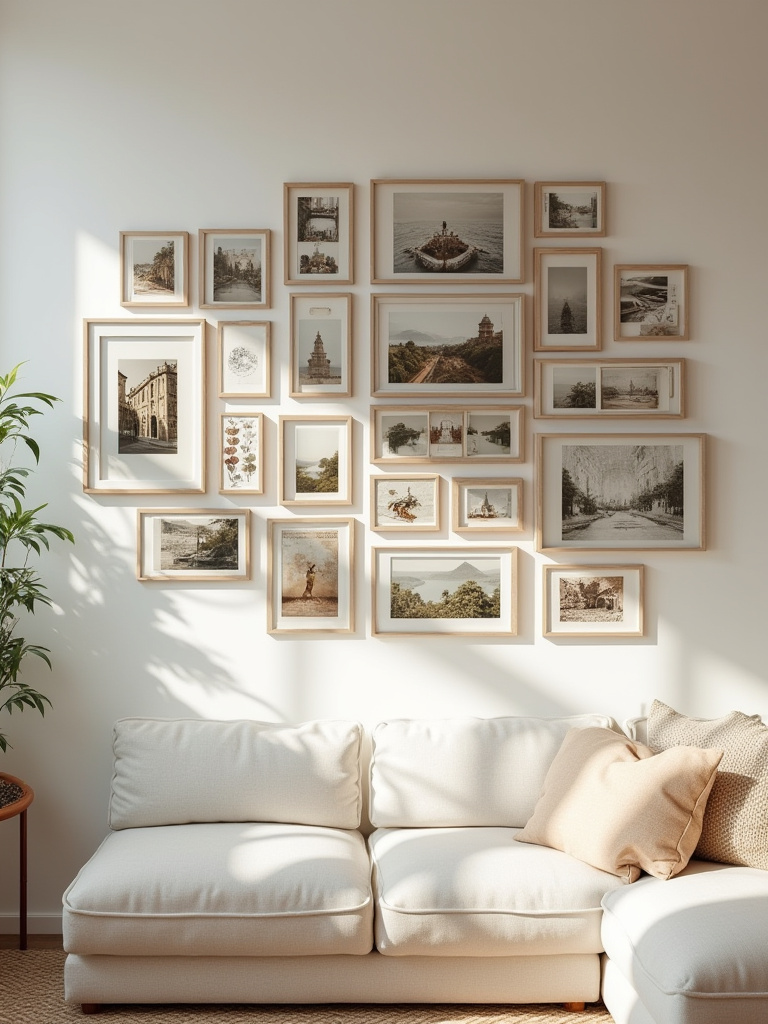 Living room wall with a 'Travel Memories' themed photo collage featuring various framed international travel photographs and small decorative items in a consistent light wood frame style under soft lighting.