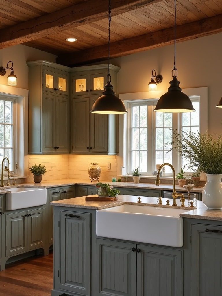 Farmhouse kitchen with warm white 2700K-3000K light bulbs creating a cozy, inviting ambiance, highlighting wood textures and rustic decor.