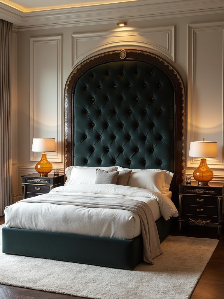 Opulent statement bedframe centerpiece in luxury bedroom interior