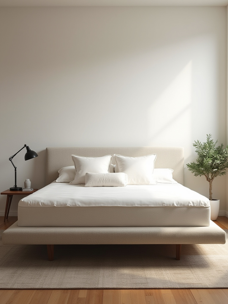 Elegant upholstered platform bed in a modern, serene bedroom setting, showcasing a stylish bed frame, plush mattress, and minimal decor, embodying comfort and sophisticated design.