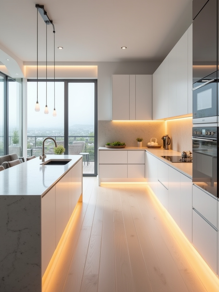 Vertical kitchen portrait showing warm and cool Kelvin lighting to illustrate mood in a modern space.