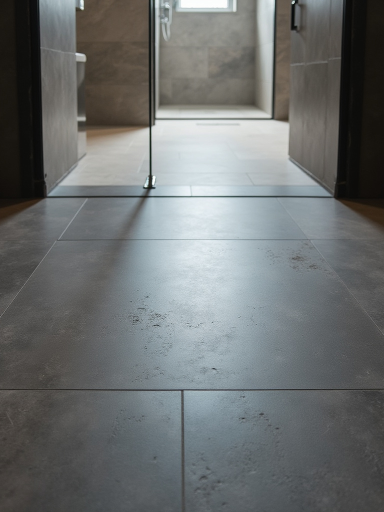 Modern bathroom floor with large format matte charcoal porcelain tiles, emphasizing durability and low maintenance.