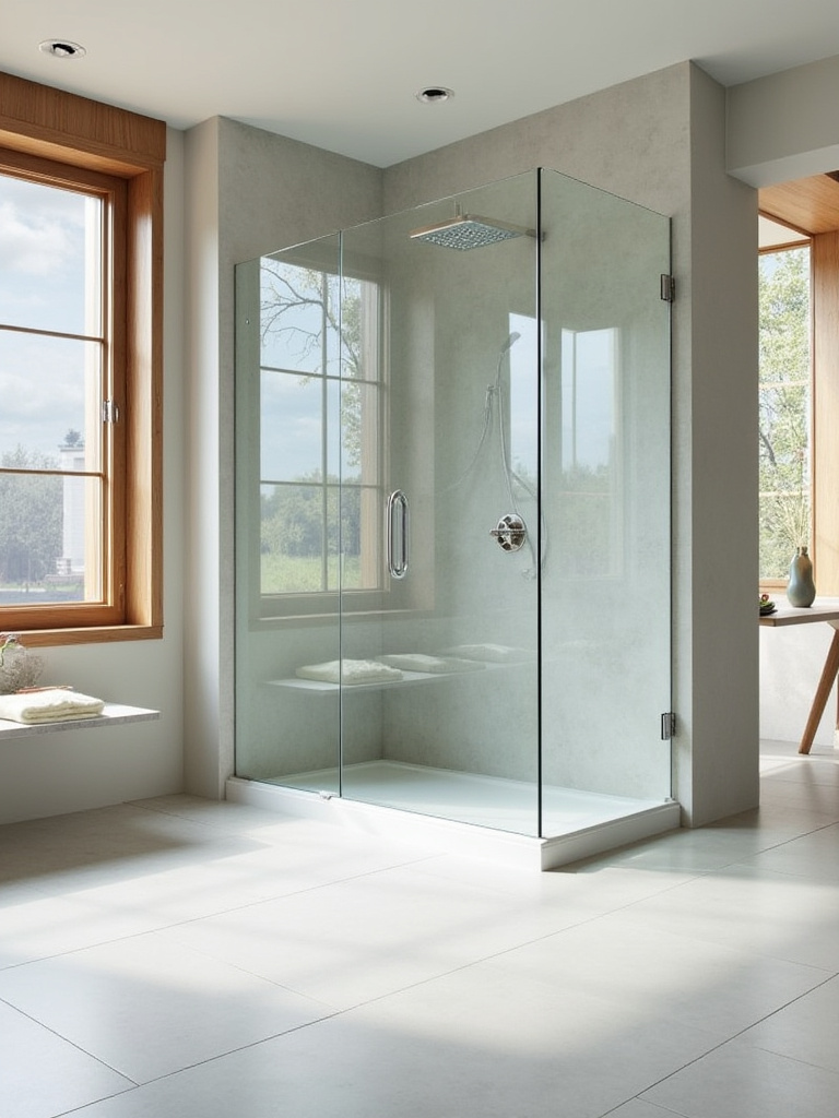 Modern bathroom with a clear frameless glass shower enclosure, showing a sleek, open, and airy design.