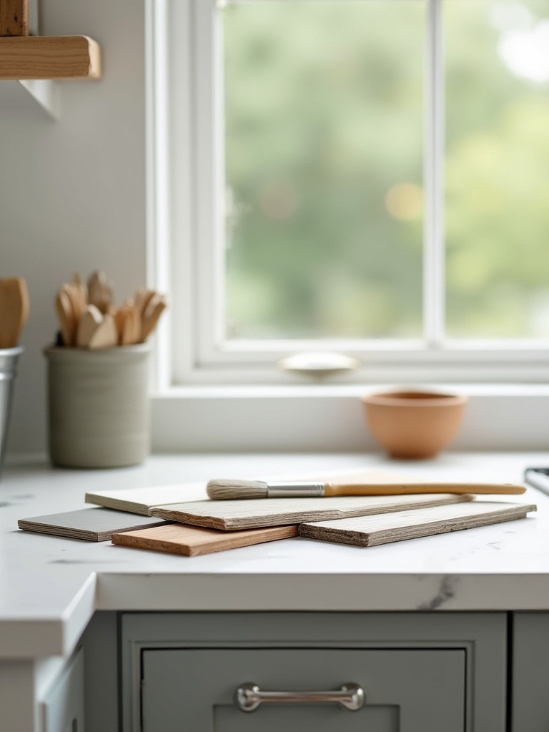 Various paint and stain finish samples on farmhouse kitchen cabinets, showcasing options for rustic charm.