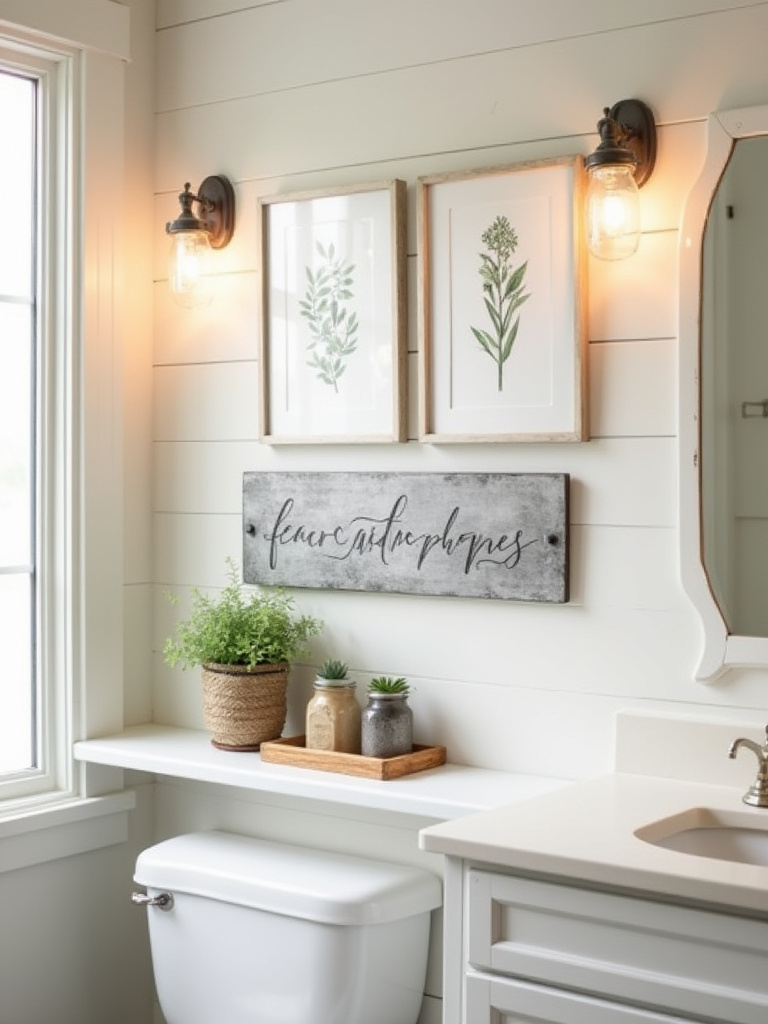 Rustic farmhouse bathroom wall art display with botanical prints and galvanized sign