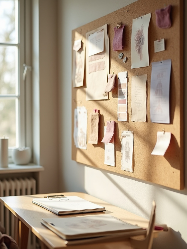 Portrait mood board setup with swatches and sketches for DIY bedroom ideas