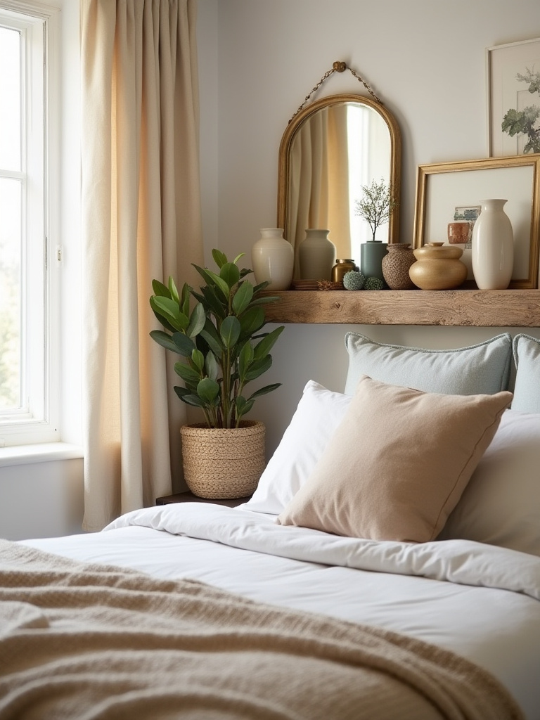 Decorative accents sourced from thrift stores arranged in a bedroom scene