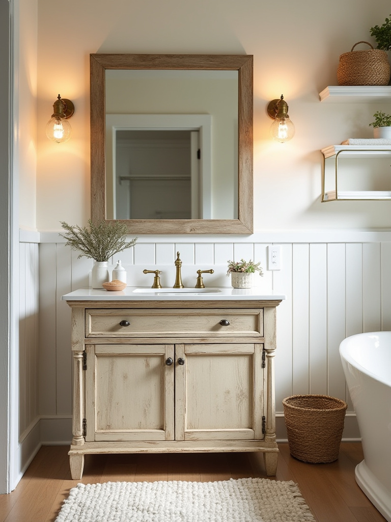 Vertical farmhouse bathroom portrait featuring a distressed wood vanity, oversized mirror, and warm lighting