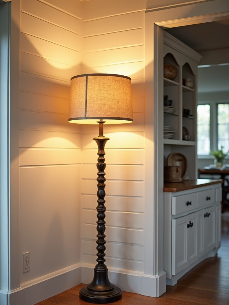 Farmhouse kitchen with a tall floor lamp with a linen shade providing soft, indirect ambient light, creating a cozy glow in a corner with a built-in hutch.
