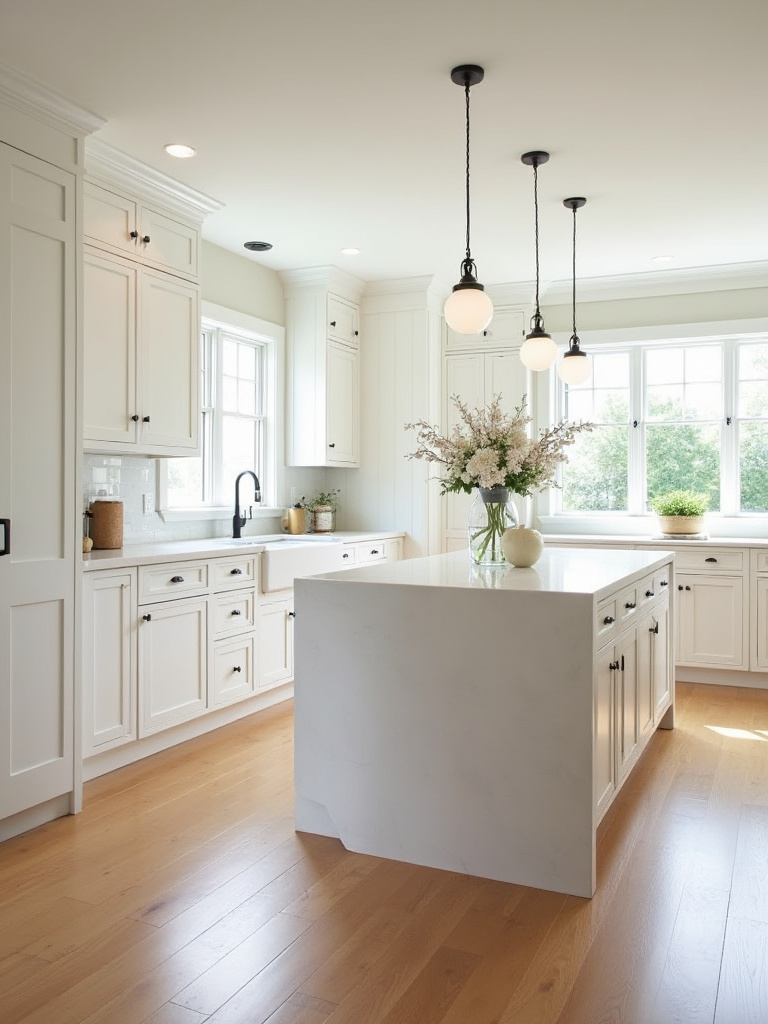 A bright, contemporary kitchen featuring classic white shaker cabinets, quartz countertops, and warm hardwood floors, representing timeless design choices that increase home resale value.