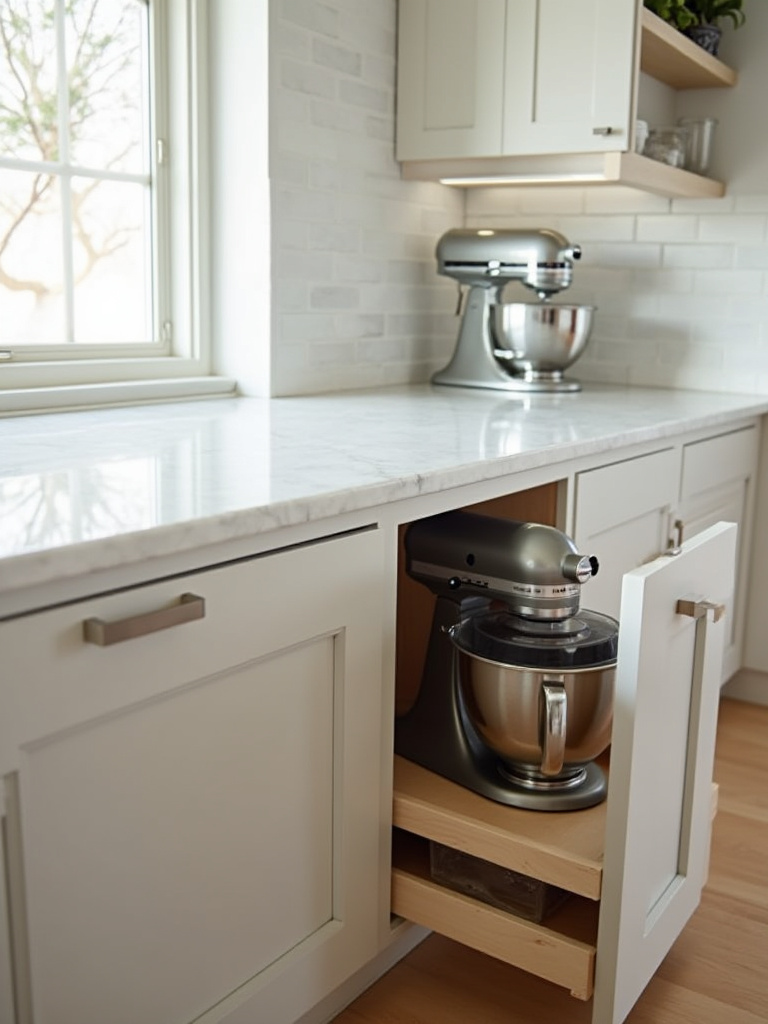 A bright, modern kitchen with a clean, empty countertop and a lower cabinet open to show a stand mixer and food processor neatly stored on a pull-out shelf.