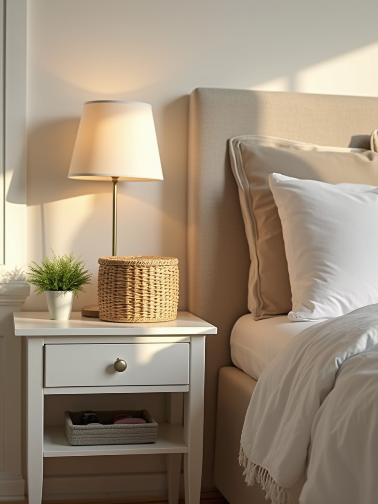 Portrait of a neatly organized bedside area with decorative storage baskets and boxes concealing essentials.