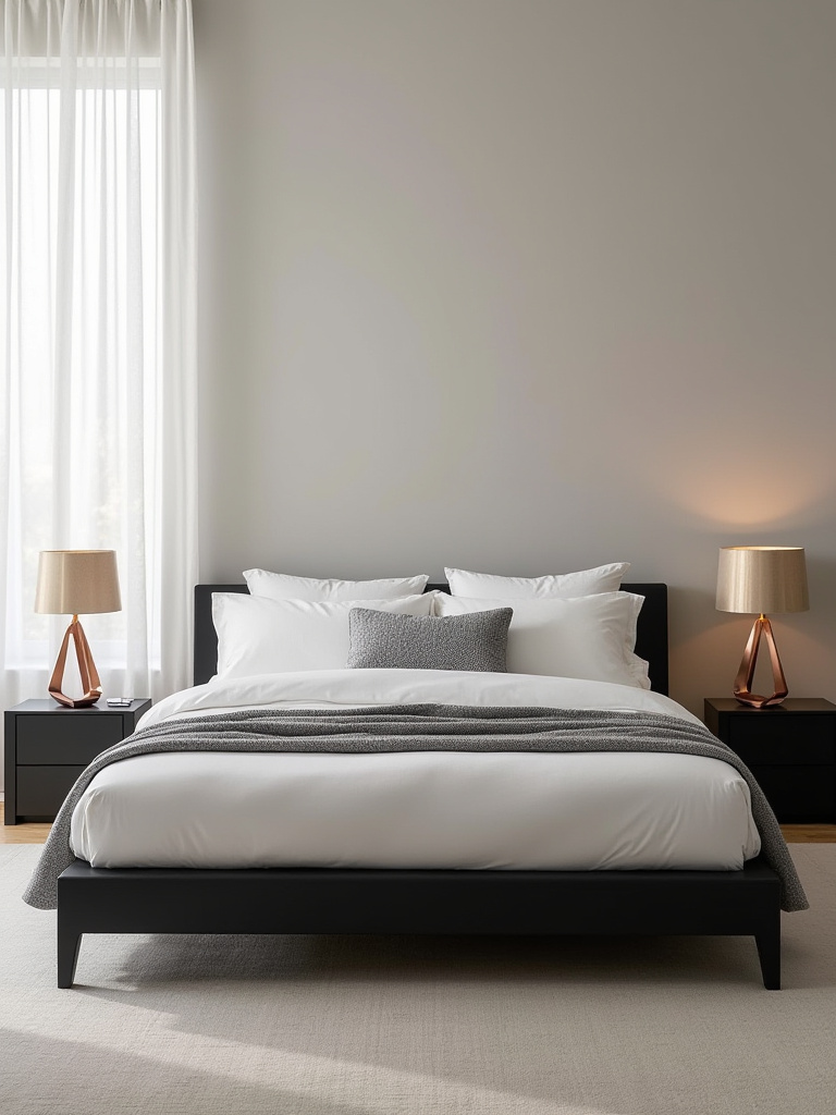 A stylish bedroom featuring a matte black bed frame, white bedding, and minimalist decor, emphasizing the bed as a central anchor for sophisticated bedroom design.