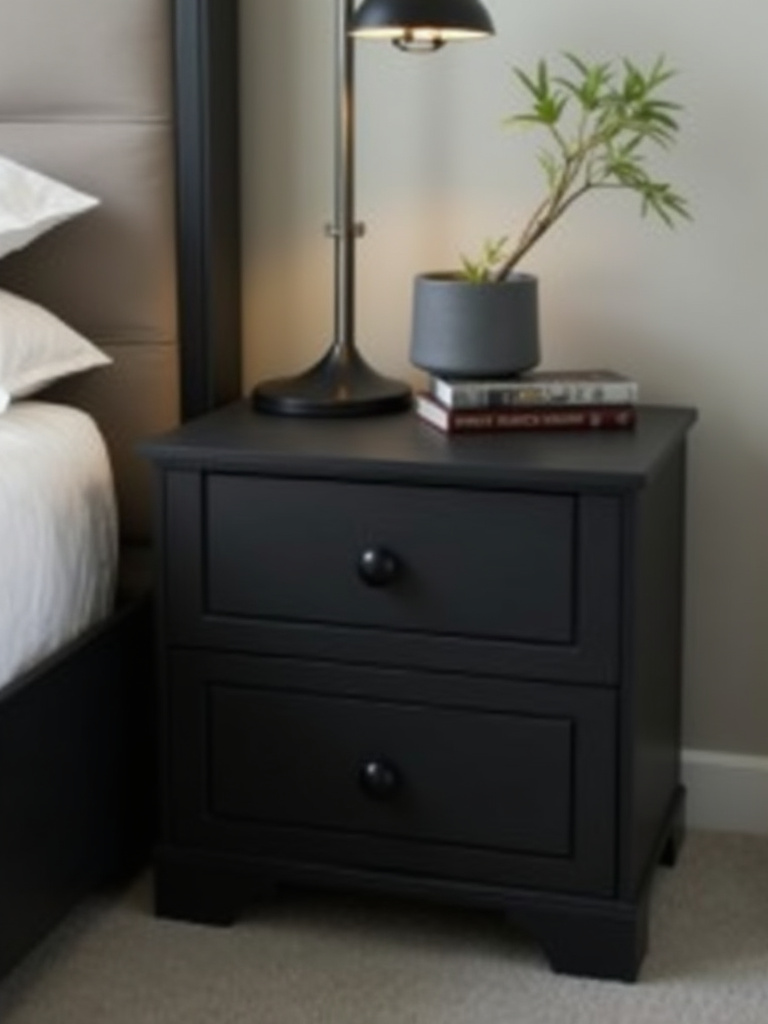 Close-up of a matte black bedside table, highlighting the durable engineered wood finish for bedroom furniture.