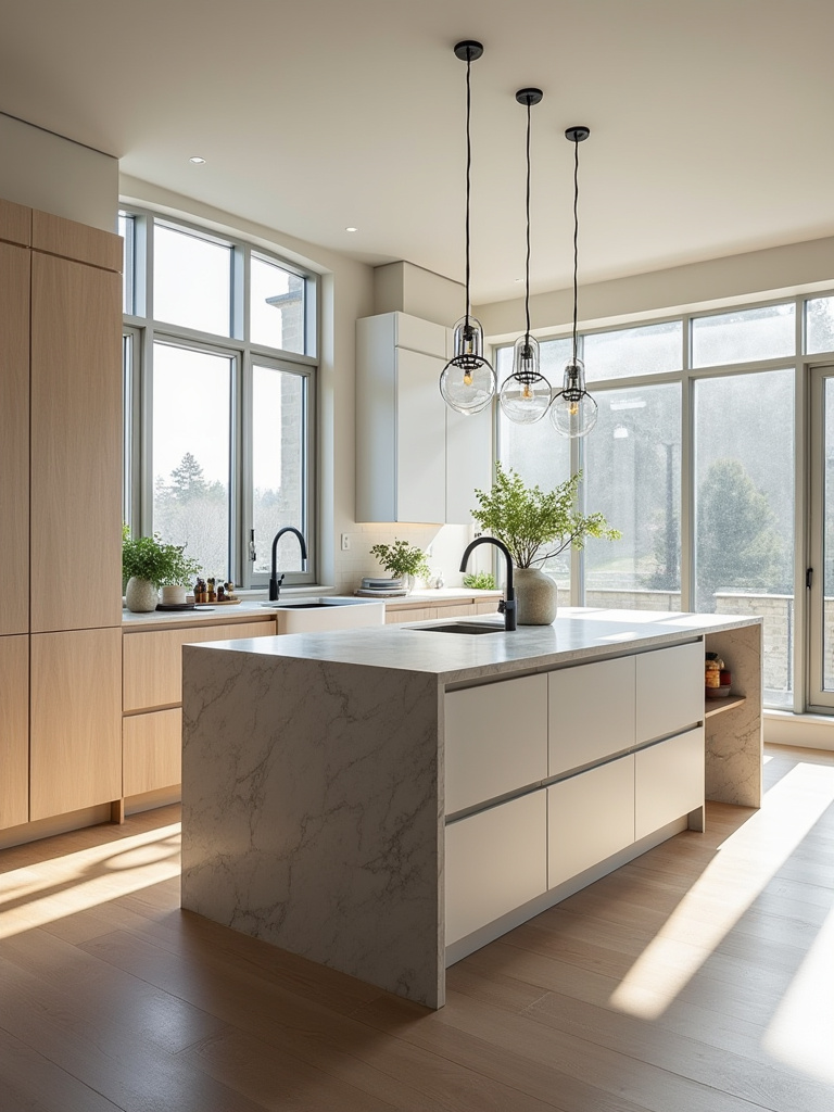 Portrait view of a modern kitchen island as a centerpiece in a bright, open kitchen