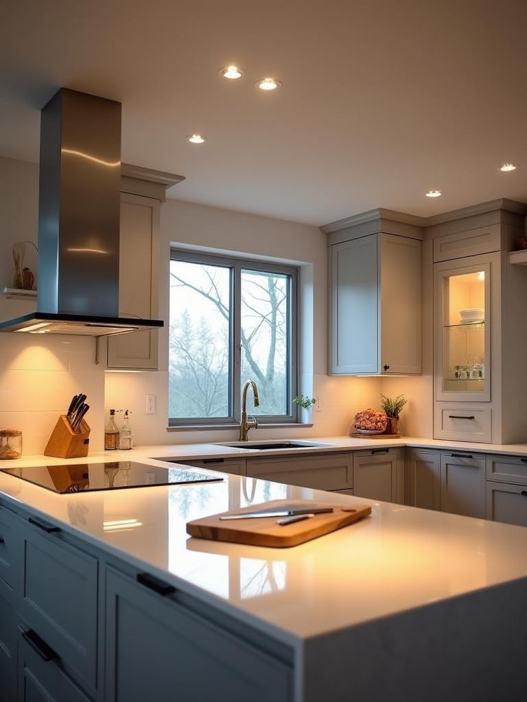Portrait view of a modern kitchen showcasing ambient, task, and accent lighting layers