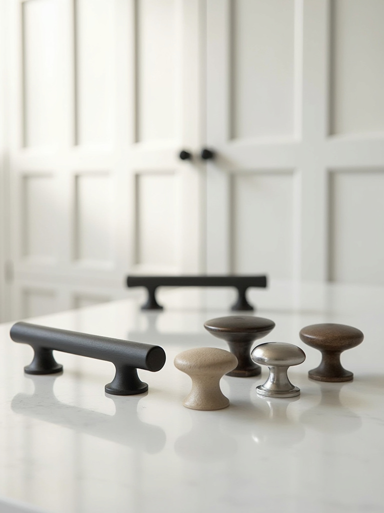 Assortment of matte black, oil-rubbed bronze, and brushed nickel farmhouse kitchen cabinet hardware, including knobs and pulls, displayed on white Shaker cabinets.