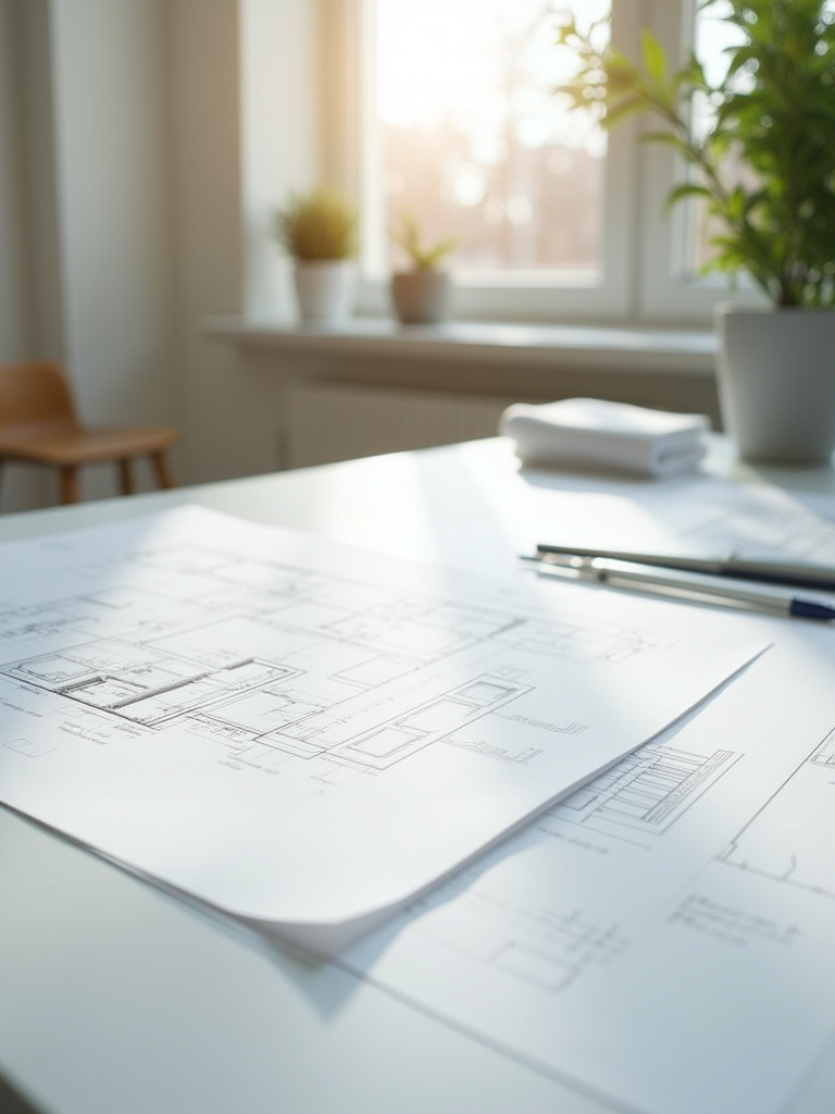 Close-up of official building permits and architectural blueprints for a modern bathroom renovation, emphasizing compliance and legal standards.