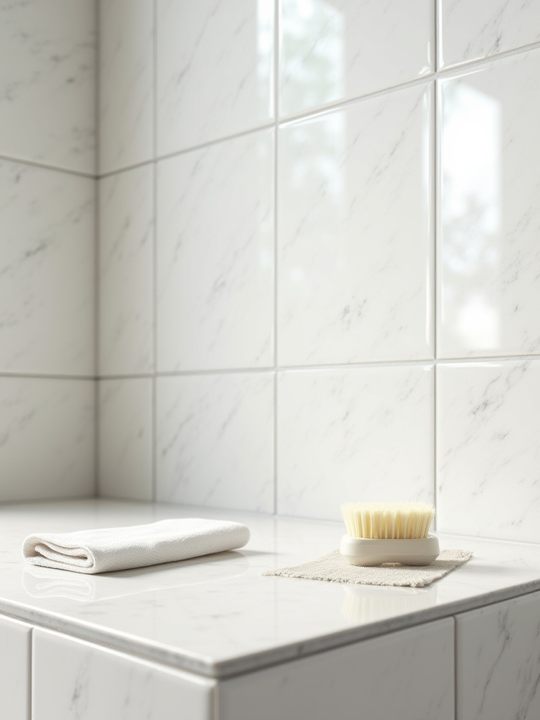 Close-up of sparkling, well-maintained grout lines between sleek rectangular tiles in a modern bathroom, with a small sealant applicator brush nearby.
