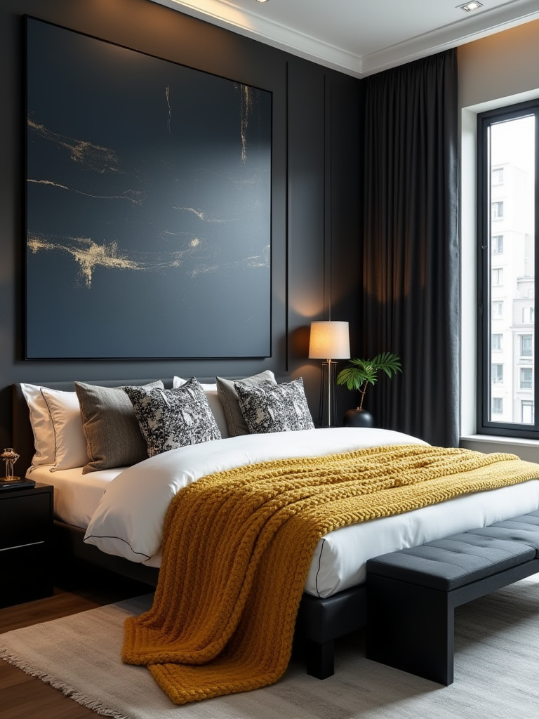 A modern black bedroom with a black bed frame, mustard yellow knit throw, geometric black and white pillows with yellow accents, and a large abstract navy and gold painting above the bed. Demonstrates adding contrasting decor to black furniture.