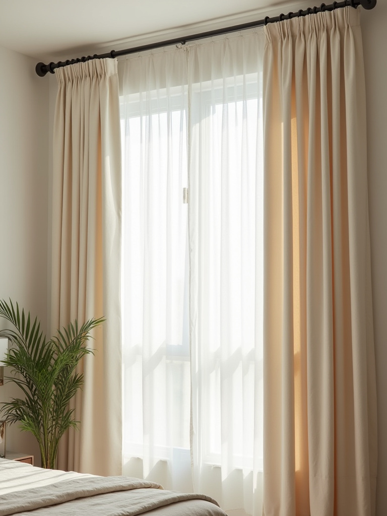 Bedroom window dressed with light neutral curtains in a refreshed, budget-friendly makeover.