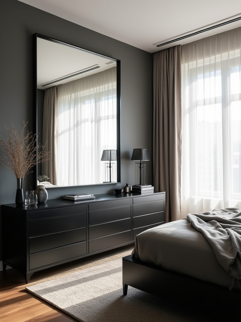 Large frameless mirror reflecting natural light in a modern bedroom with black furniture, making the space feel larger and brighter.