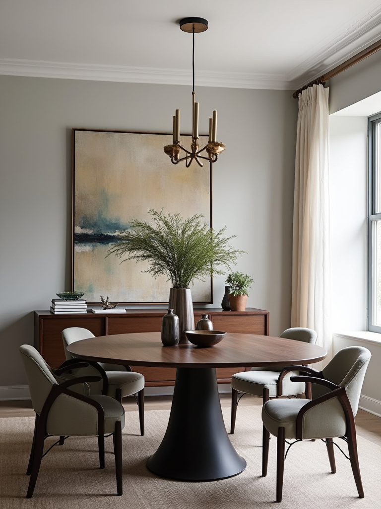 Elegant dining room showcasing a beautifully arranged table centerpiece, abstract wall art, and a styled credenza, emphasizing decorative accents.